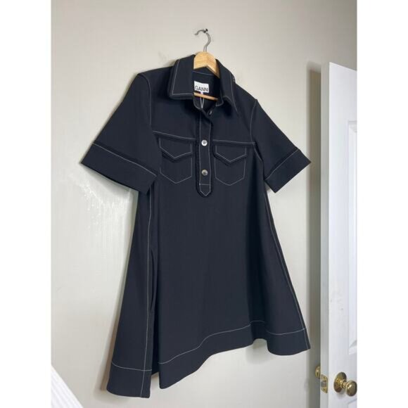 NWT Ganni Sable Topstitch Crepe Swing Spread Collar Button Mini Dress Black Sz 4 - Picture 4 of 9
